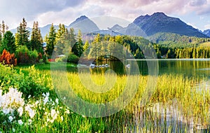 Majestic mountain lake in National Park High Tatra. Strbske ples