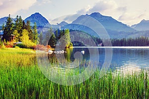 Majestic mountain lake in National Park High Tatra. Strbske ples