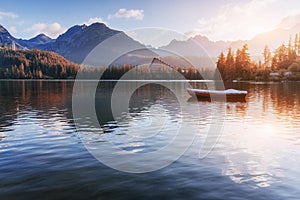 Majestic mountain lake in National Park High Tatra. Strbske pleso, Slovakia