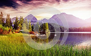 Majestic mountain lake in National Park High Tatra. Strbske pleso, Slovakia, Europe.