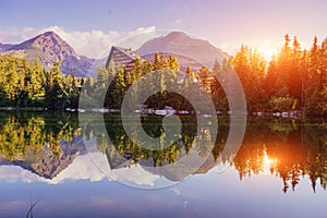 Majestic mountain lake in National Park High Tatra. Strbske pleso, Slovakia, Europe.