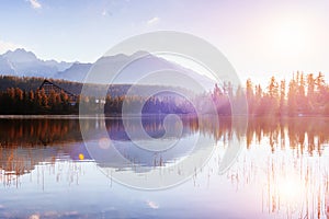 Majestic mountain lake in National Park High Tatra. Strbske pleso, Slovakia, Europe