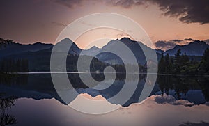 Majestic mountain lake in National Park High Tatras National Park, Slovakia, Europe. Sunset.