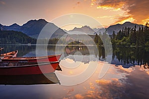 Majestic mountain lake in National Park High Tatras National Park, Slovakia, Europe. Sunset.