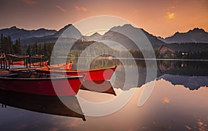 Majestic mountain lake in National Park High Tatras National Park, Slovakia, Europe. Sunset.