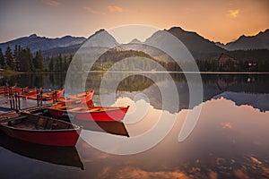 Majestic mountain lake in National Park High Tatras National Park, Slovakia, Europe. Sunset.