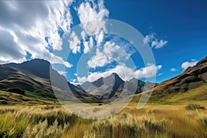 majestic mountain landscape with clear blue skies and fluffy clouds