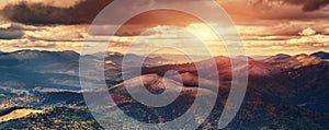 Majestic Mountain Landscape. Sunset in the mountains. Aerial Photo. Retro style. Instagram filter. nature background, Abstract