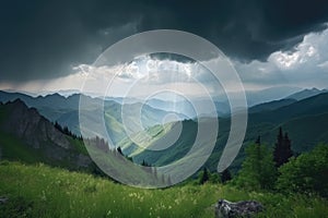 majestic mountain landscape with thunderstorm approaching, clouds rolling in