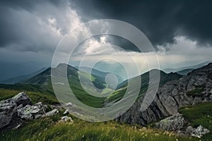 majestic mountain landscape with thunderstorm approaching, clouds rolling in