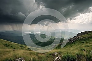 majestic mountain landscape with thunderstorm rolling in, bringing life-threatening weather conditions