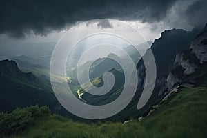 majestic mountain landscape with thunderstorm rolling in, bringing life-threatening weather conditions