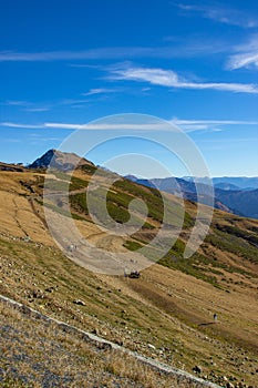 Majestic mountain landscapes with peaks and valleys.