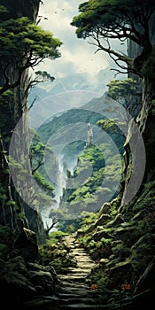 Majestic Mountain Path: Fantasy-inspired Art With Mori Kei And Junglecore Vibes