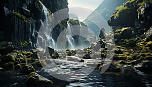 Majestic mountain peak, flowing water, tranquil scene, non urban exploration generated by AI