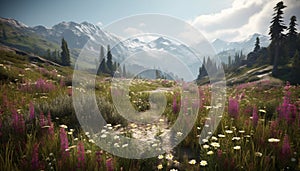 Majestic mountain peak, green meadow, wildflowers blossom in summer generated by AI