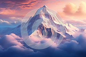 Majestic mountain peak rising above the clouds in the early morning light. Generative AI