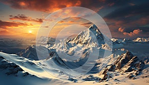 Majestic mountain peak, snow covered landscape, tranquil sunset over icy mountains generated by AI