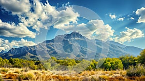 Majestic Mountain Peak Under Blue Skies With Fluffy Clouds on a Sunny Day