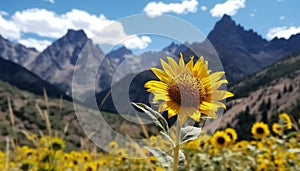 Majestic mountain peak, yellow sunflower, green meadow, blue sky generated by AI