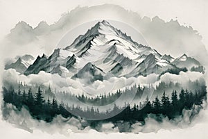 Majestic Mountain Peaks Covered in Snow Amidst Misty Forest Landscape