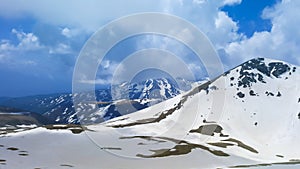 Majestic Mountain Peaks covered with Snow and soaring blue skies