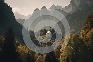 majestic mountain range with chapel in the distance, hidden among trees and foliage