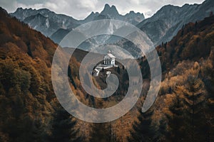 majestic mountain range with chapel in the distance, hidden among trees and foliage