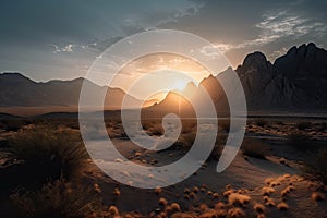 majestic mountain range in the desert, with sunrise and sunset skies