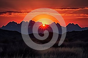 majestic mountain range, with fiery sunset in the background and silhouettes of peaks