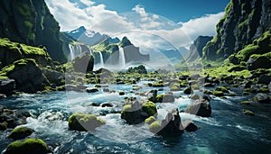 Majestic mountain range reflects in tranquil flowing water generated by AI