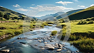 Majestic mountain range reflects in tranquil flowing water generated by AI