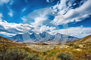 majestic mountain range with rolling clouds and blue skies