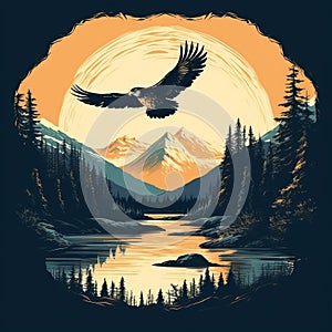 Majestic Mountain Range And Soaring Eagle Vintage T-shirt Design