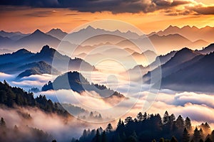 Majestic mountain range sunrise through clouds