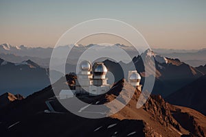 majestic mountain range, with telescopes and observatories perched on the highest peaks
