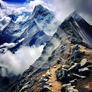 Majestic Mountain Summit: Reaching for the Sky Amidst Enveloping Clouds