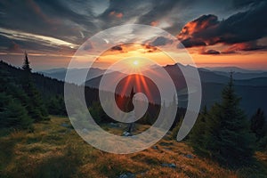 majestic mountain sunset, with the sun setting behind the peaks and clouds