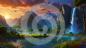 Majestic Mountain Valley Sunset with Waterfall