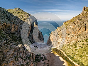 Majestic mountains with the blue sea in the background. Sa Calobra beach, Mallorca