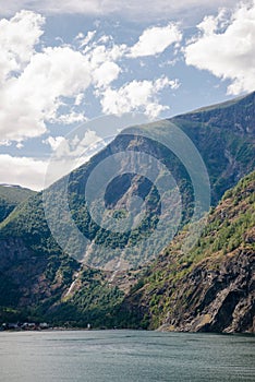 majestic mountains and calm water of fjord Aurlandsfjord Flam