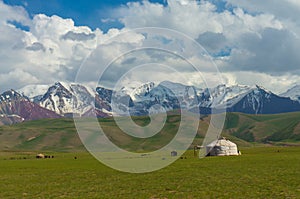 Majestic mountains in Chon-Alai and kyrgyz yurt