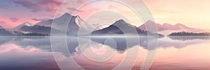 Majestic Mountains Mirrored On Glassy Lake At Peaceful Sunrise. Mountainous Landscape. Generative AI