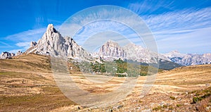 Majestic mountains rise from a high plain in Italy´s Dolomites