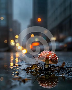 A Majestic Mushroom Emerges from the Earth Amidst Raindrops and Lush Green Moss photo