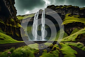 Majestic natural cave with Seljalandsfoss waterfall flowing and lush field during summer on gloomy day at South of Iceland