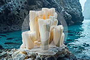 Majestic Natural Rock Formations on Seashore with Clear Blue Waters and Rugged Cliffs Background