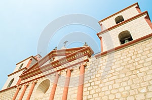 Majestic Neoclassical entrance to the historic Santa Barbara mission viewed from below