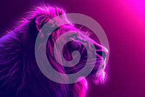 Majestic Neon Purple Lion Portrait. Generative ai