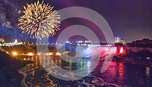 Majestic Niagara Falls at night, illuminated for a fireworks show, view from canadian side